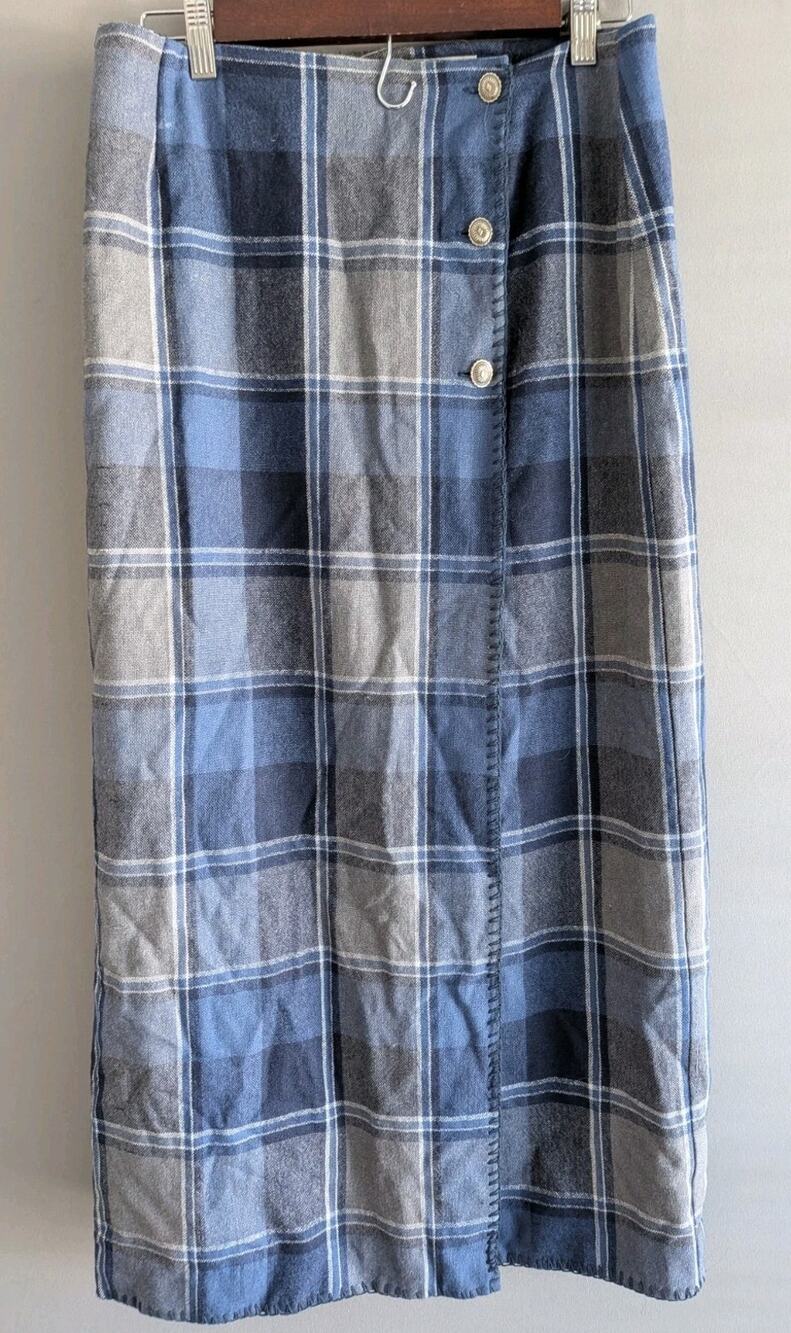 Cambridge Dry Goods Navy Blue Plaid Wool Blnd Button Wrap Midi Skirt Sz 10 NWT
